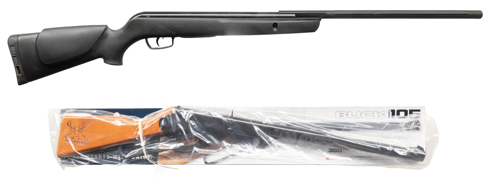 LOT OF 2 AIR RIFLES.: This lot consists of the following .177 Cal air rifles: 1) Daisy Buck 105. Box present. CONDITION: near excellent in wrapper. 2) Gamo Big Cat 1250. CONDITION: metal shows some scattered oxidation on h