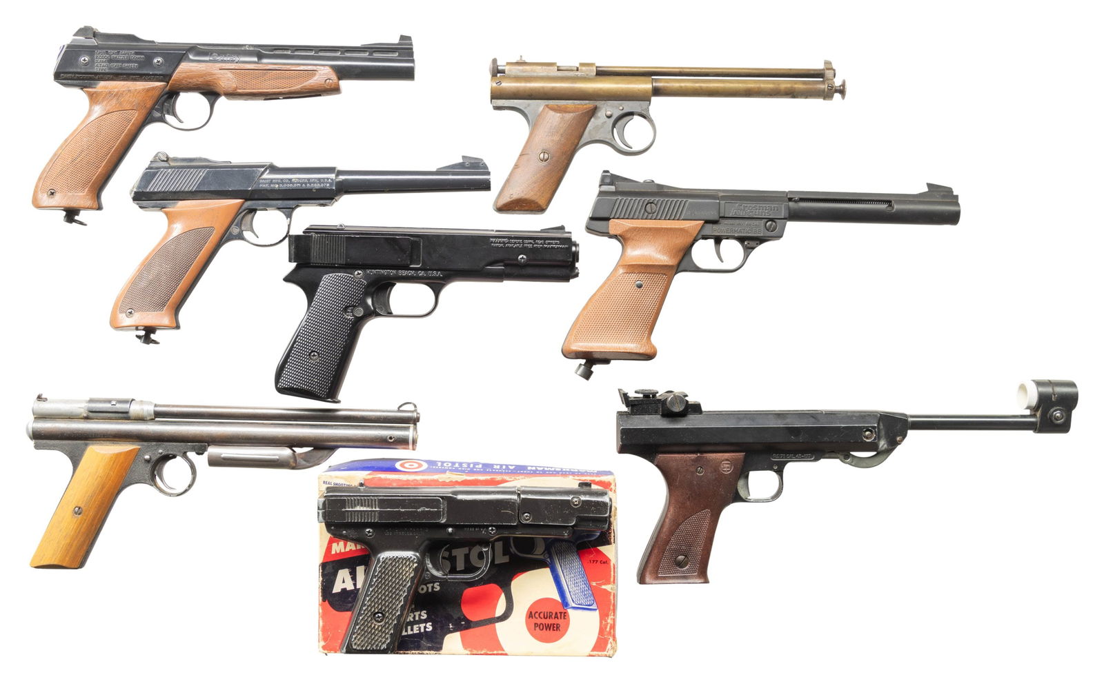 LOT OF 8 ASSORTED VINTAGE AIR / C02 PISTOLS.: Lot of 8 assorted vintage air pistols, including: 1) Benjamin Franklin Model 177 single shot air pistol mfg. by Benjamin Air Rifle Co. Left side of receiver is marked "BENJAMIN FRANKLIN", with the mfg