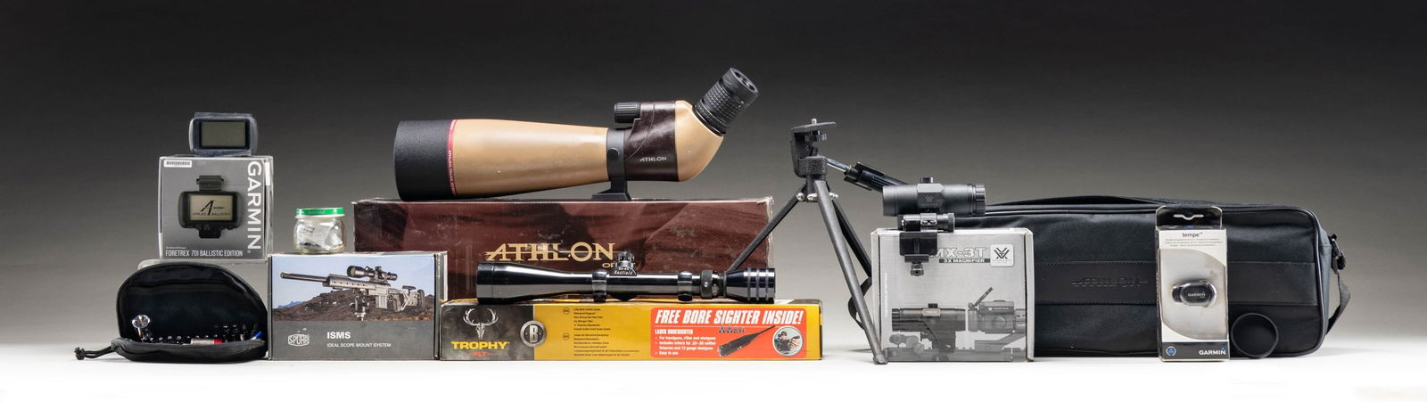 SPOTTING SCOPE, REDFIELD SCOPE, & VARIOUS GARMIN: ACCESSORIES.1) Athlon Talos 20-60x80 Spotting scope in box with carrying case & tripod. 2) Vortex VMX-3T 3x Magnifier with mount. Appears to have been mounted previously, but otherwise very good to ne