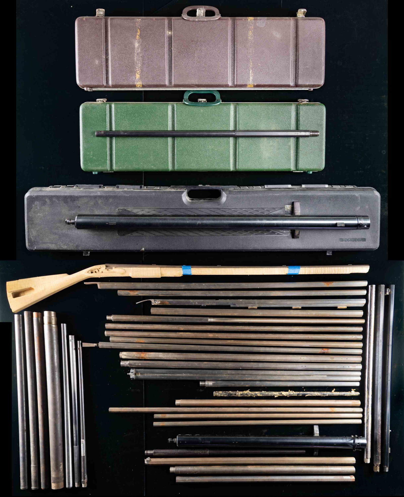 36 RIFLE BARRELS & BLANKS.: FINISHED BARRELS:1 HM Pope barrel marked "21.59".1 CO AUDETTE Cal. 32-40. Oct. 32" w/ globe front sight.1 Dave R Taylor Litte Hocking, OH cal. 32-40, has target scope blocks.1 BSA Martini Cadet rifle