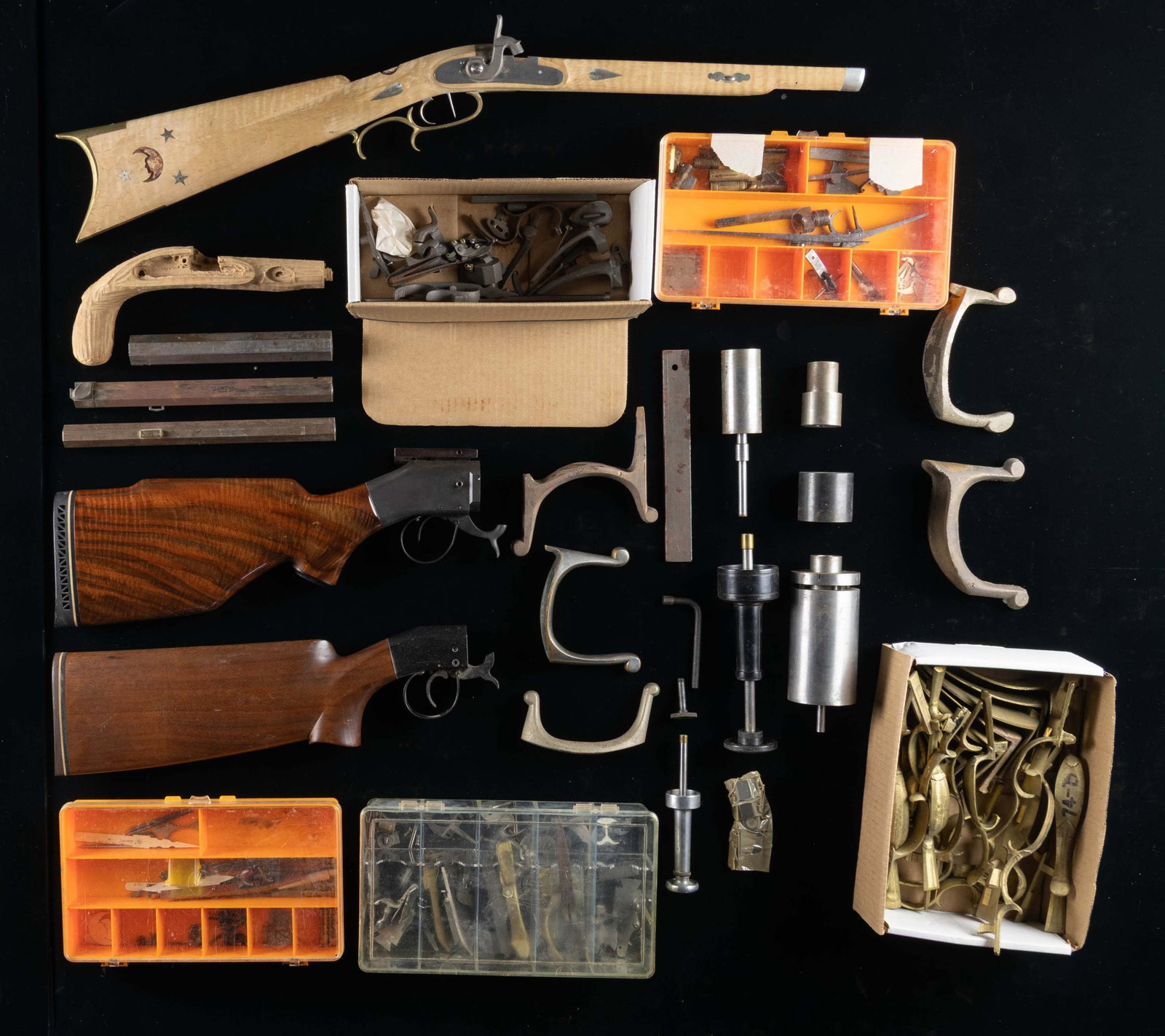 LOT OF MOSTLY BLACK POWDER PARTS.: This lot consists of the following items: 1) Half-stock assembly with lock, hammer, trigger guard, double triggers, nosecap & buttplate. Stock is unfinished & several decorations are present. 2) Two p