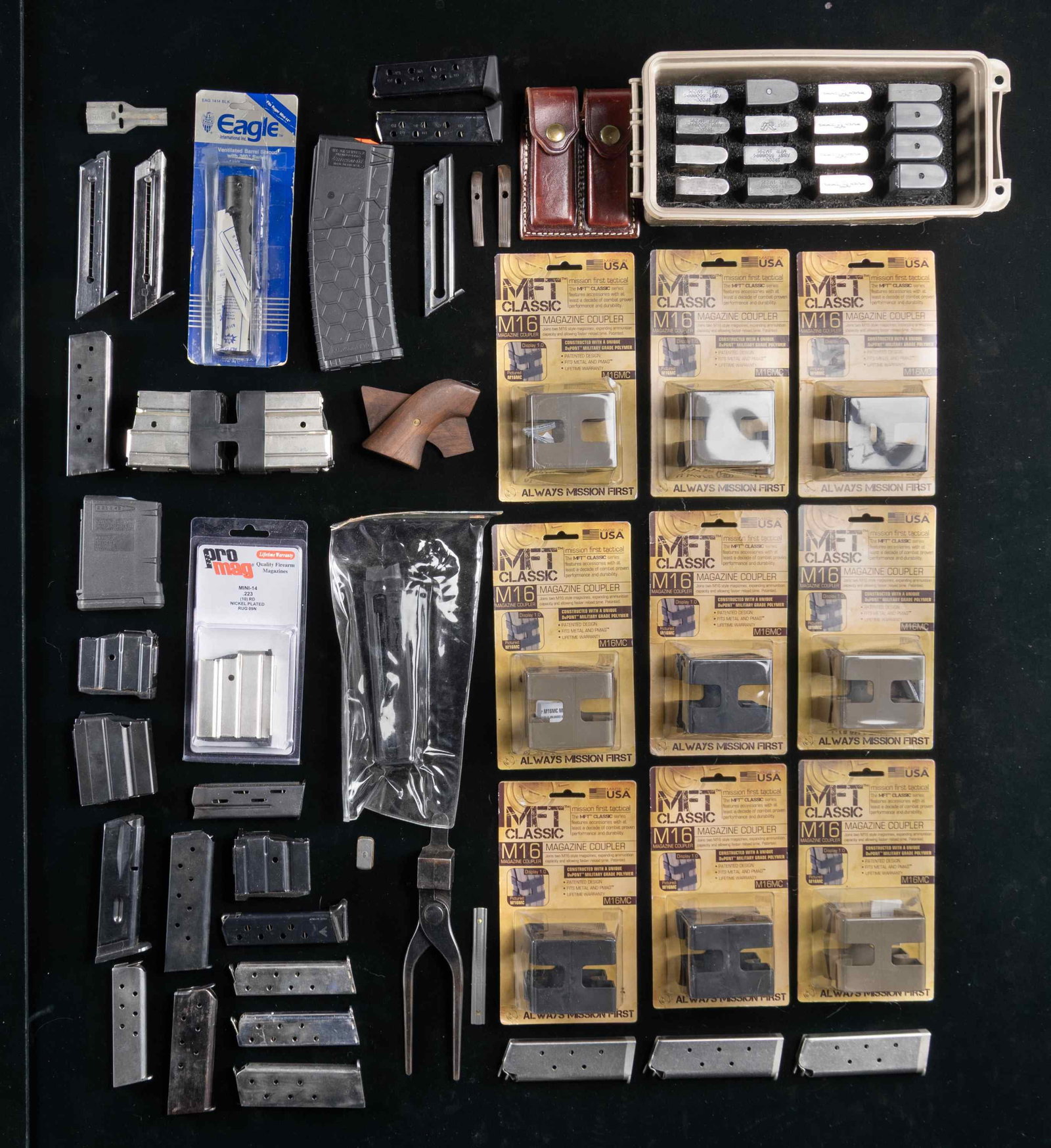 LOT OF ASSORTED MAGAZINES & ACCESSORIES.: Lot of assorted mags. and accessories, including: 1) x8 Ruger Mini-14 mags. x5 ProMag stainless steel 10-rd. mags. (x4 in 4-mag coupler, x1 in factory packaging), x1 unmarked blued steel 10-rd. mag.,