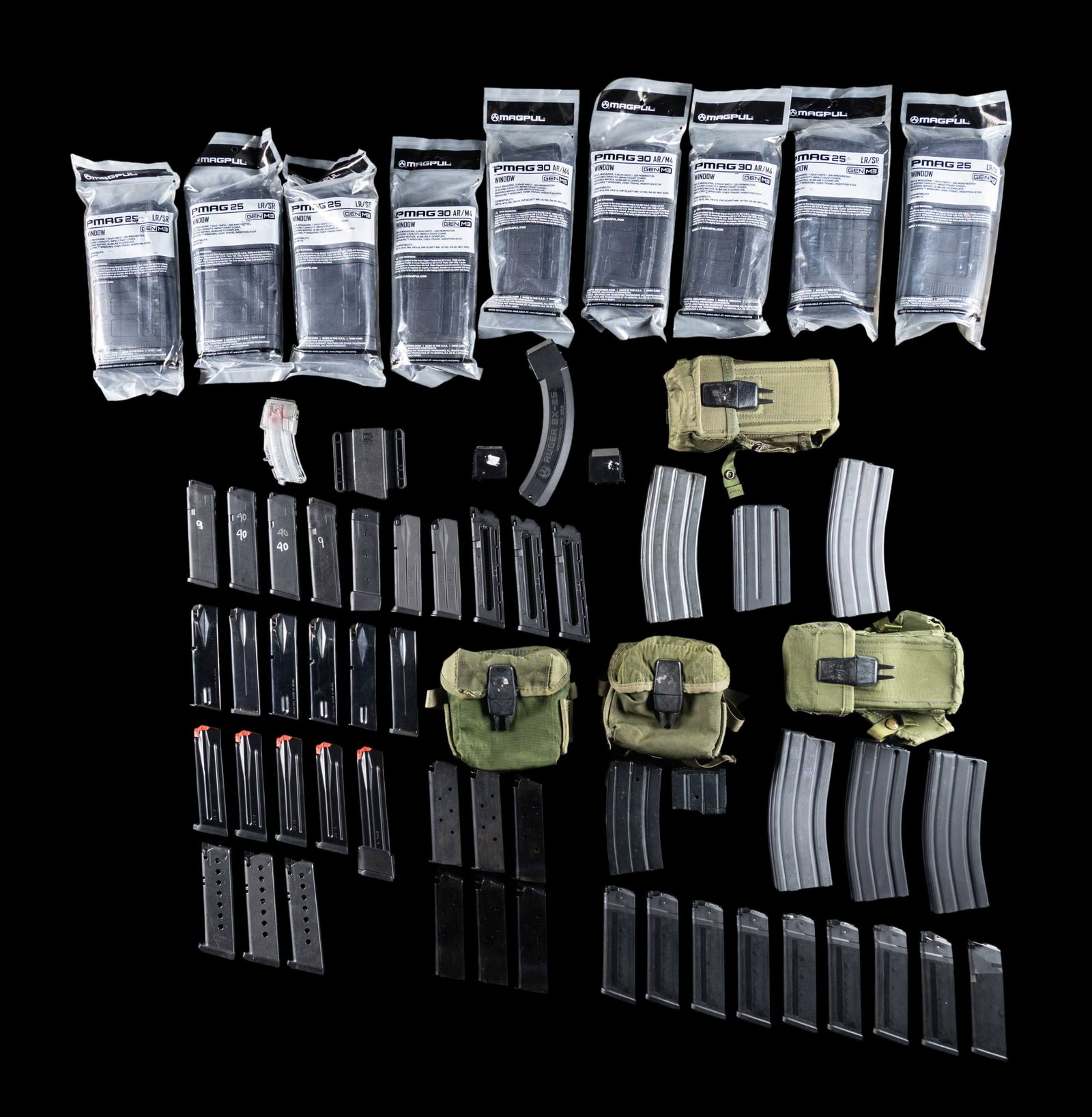 LOT OF ASSORTED RIFLE & PISTOL MAGAZINES.: Lot of assorted rifle and pistol mags., including: 1) x4 MAGPUL PMAG AR/M4 Gen 3 30-rd. 5.56x45mm NATO black polymer mags. with viewing windows. x3 mags. sealed, x1 opened in factory packaging. 2) x5