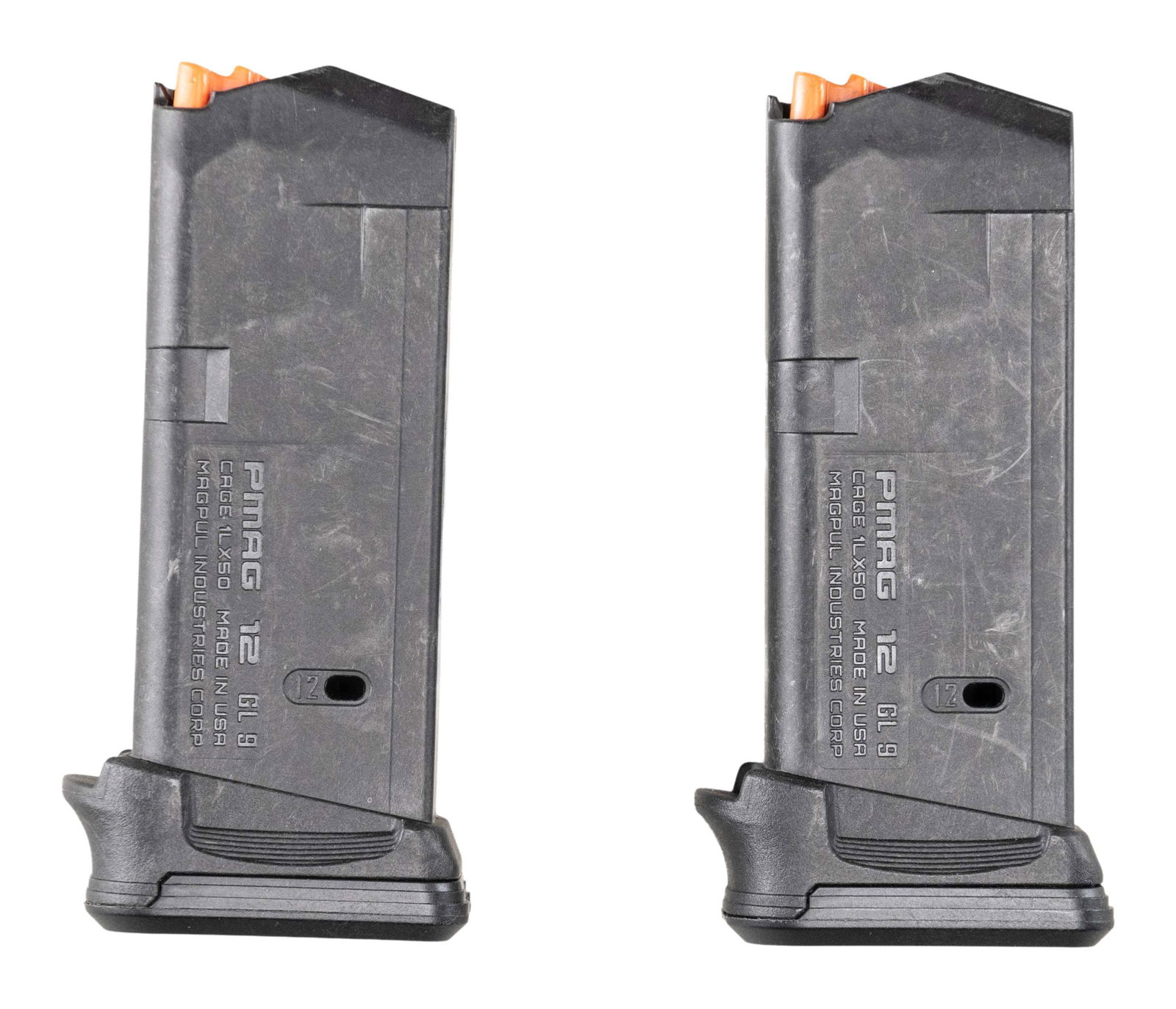 TWO MAGPUL GLOCK MAGS.: Two Magpul P12 GL9 12 rd. double stack mags for 9mm Glock 26 pistols. CONDITION: very good plus with light usage wear. (02-26142/MJC). $30-50 for pair.