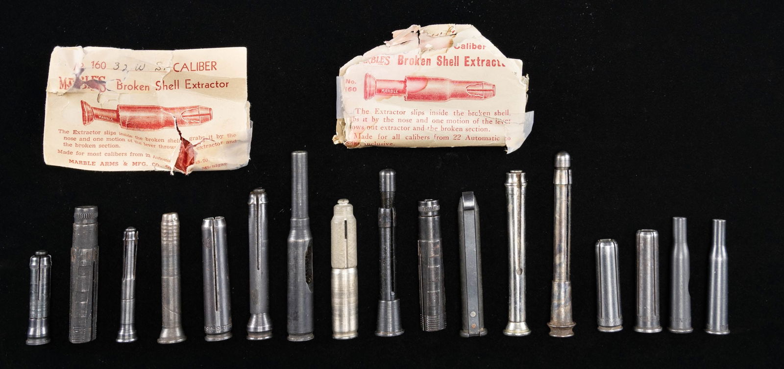 LOT OF ASSORTED VINTAGE BROKEN SHELL EXTRACTORS &: AUXILIARY CARTRIDGES. Lot of assorted vintage shell extractors, including: 1) x1 Marbles .25-20 SS broken shell extractor. 2) x1 Marbles No. 155 broken shell extractor. 3) x1 Marbles .32 WS broken