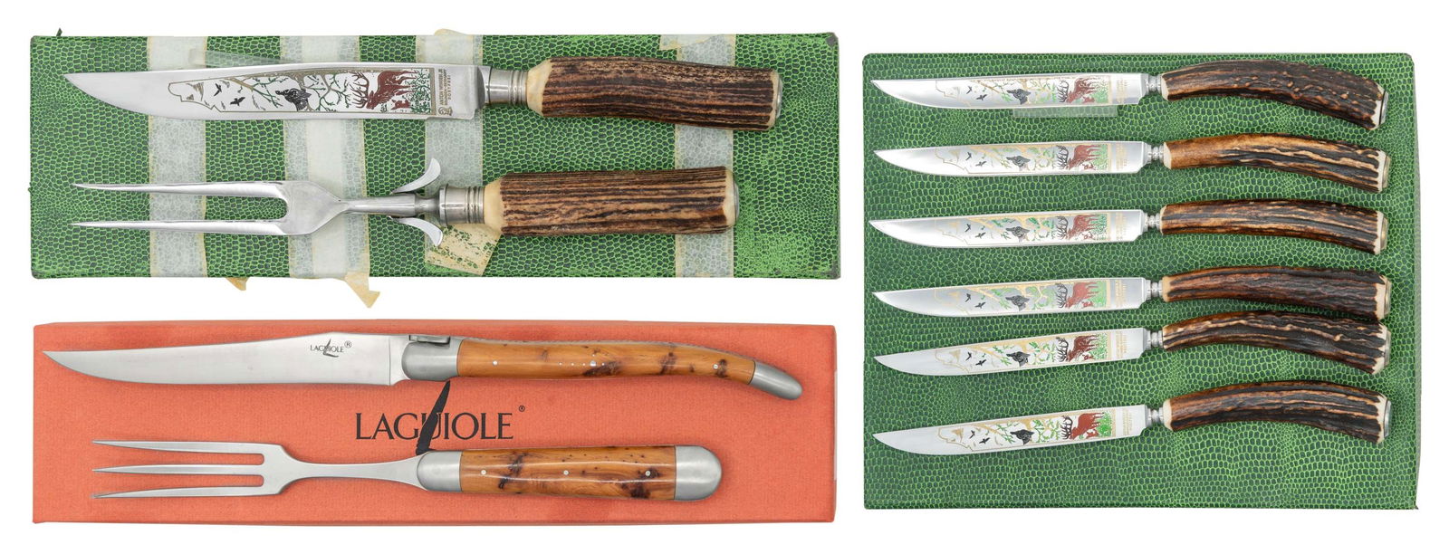 LAGUILOE & ANTON WINGEN JR. CARVING KIT SETS.: 1) Laguiloe Carving Knife & Fork Set. Mfg. in France & made of stainless steel w/ juniper scales. Comes in cardboard box. CONDITION: appears near excellent. 2) Anton Wingen Carving Set. Set mfg. in