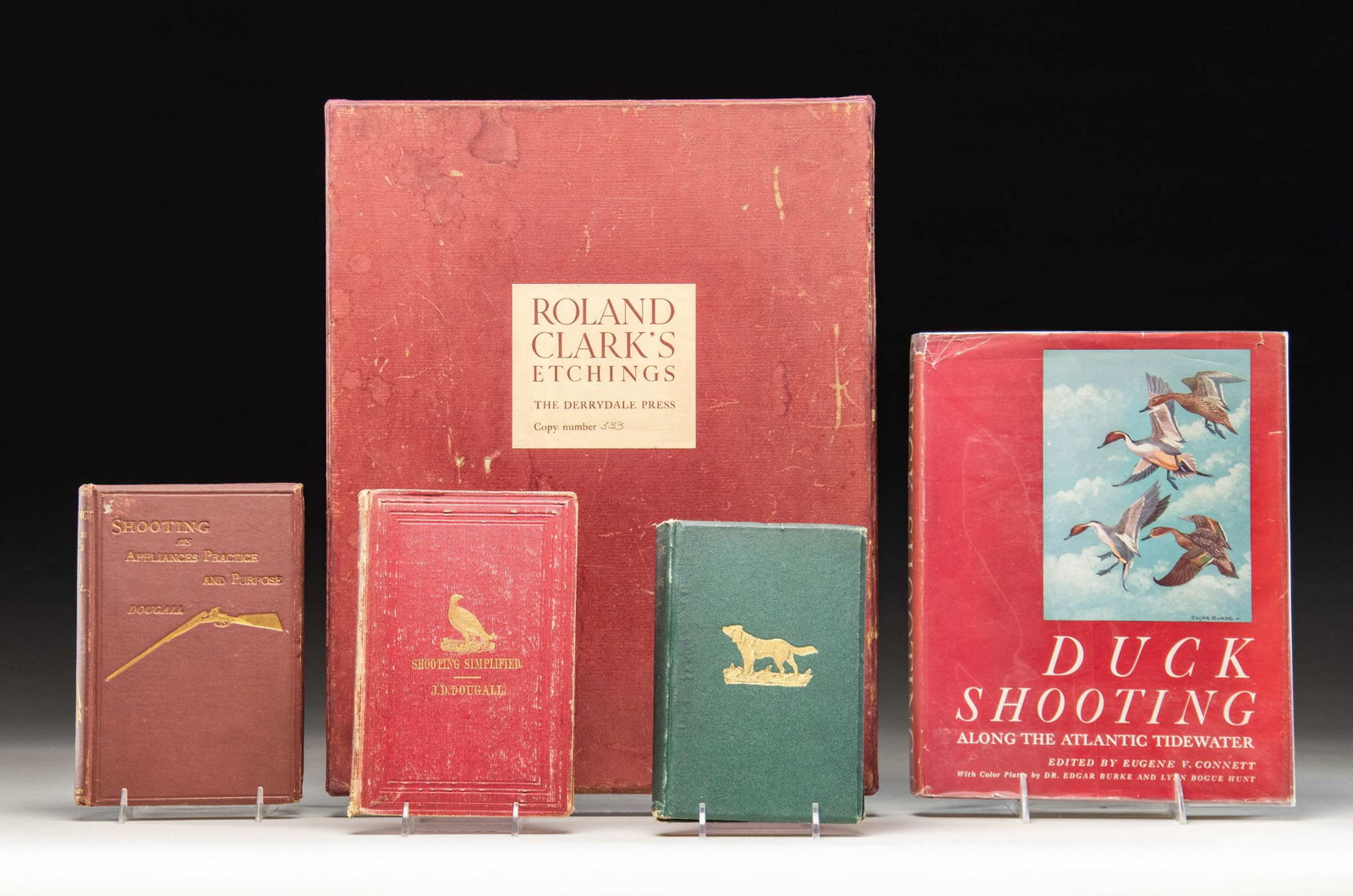 LOT OF 5 VINTAGE / ANTIQUE SPORTING & HUNTING: RELATED BOOKS. Lot of 5 antique sporting / hunting related books, including: 1) Duck Shooting: Along the Atlantic Tidewater", edited by Eugene V. Connett. 2) "Shooting Simplified" by J.D. Dougall. 3)