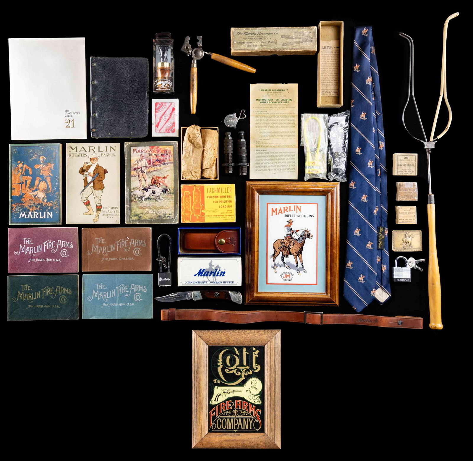 MARLIN RELATED ADVERTISEMENTS & RELOADING TOOLS.: This lot includes the following items:Single Ideal #308291 bullet mold with Marlin Firearms box for 30-30 bullets. Box has fair intact condition showing peeling labels. 7 Marlin gun catalogs for: