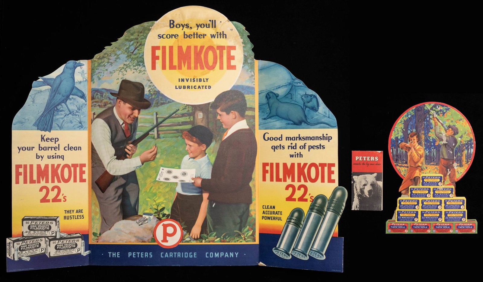 LOT OF 2 VINTAGE PETERS CARTRIDGE COMPANY STORE: ADVERTISING STANDEES. 1) Large Peters Cartridge Company Filmkote ammunition 3-panel store advertising standee. Left panel features a blue graphic of a bird above "Keep/ your barrel clean/ by using/ FI
