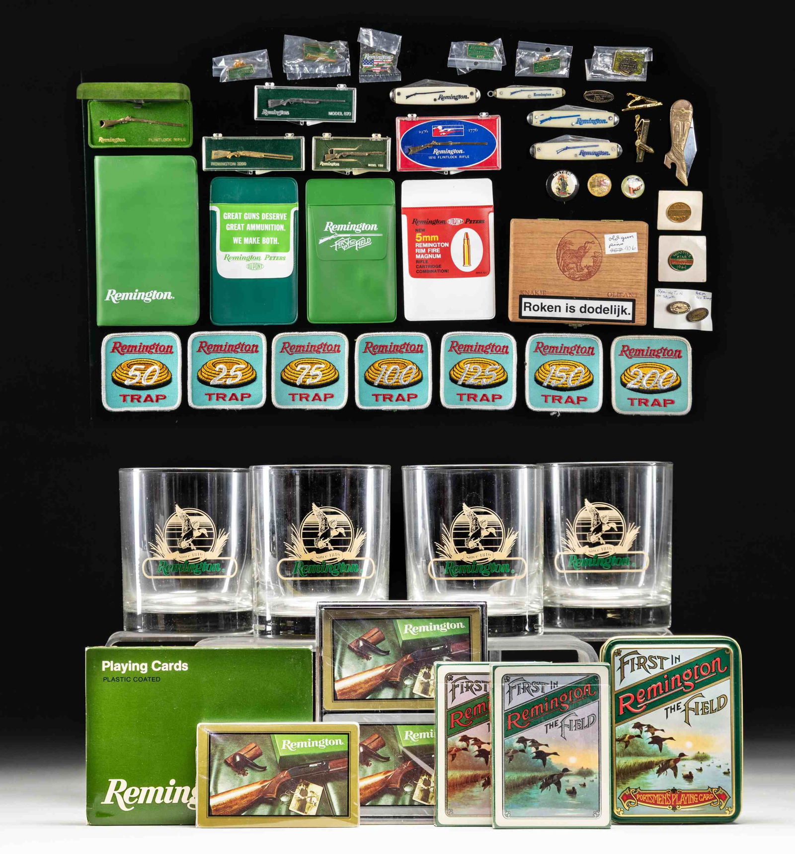 LOT OF ASSORTED REMINGTON MEMORABILIA.: Lot of assorted Remington memorabilia, including: 1) Remington "Double Decks" playing cards (x2 decks). Cards remain sealed in their original plastic packaging and are complete with their plastic case