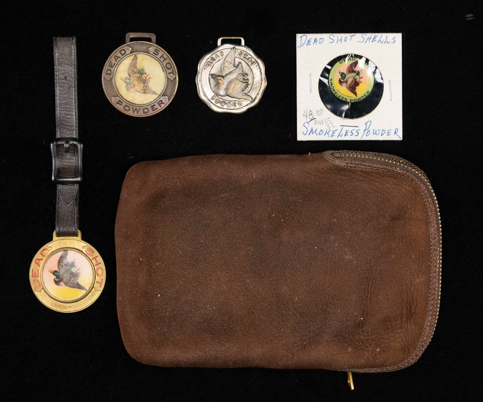 LOT OF DEAD SHOT POWDER WATCH FOBS & PINBACK: BUTTON. Lot consists of: 1) American Powder Mills Dead Shot powder brass watch fob. Front of fob is marked "DEAD" and "SHOT", with a full color graphic of a mallard at the center. Rear is marked "DEAD