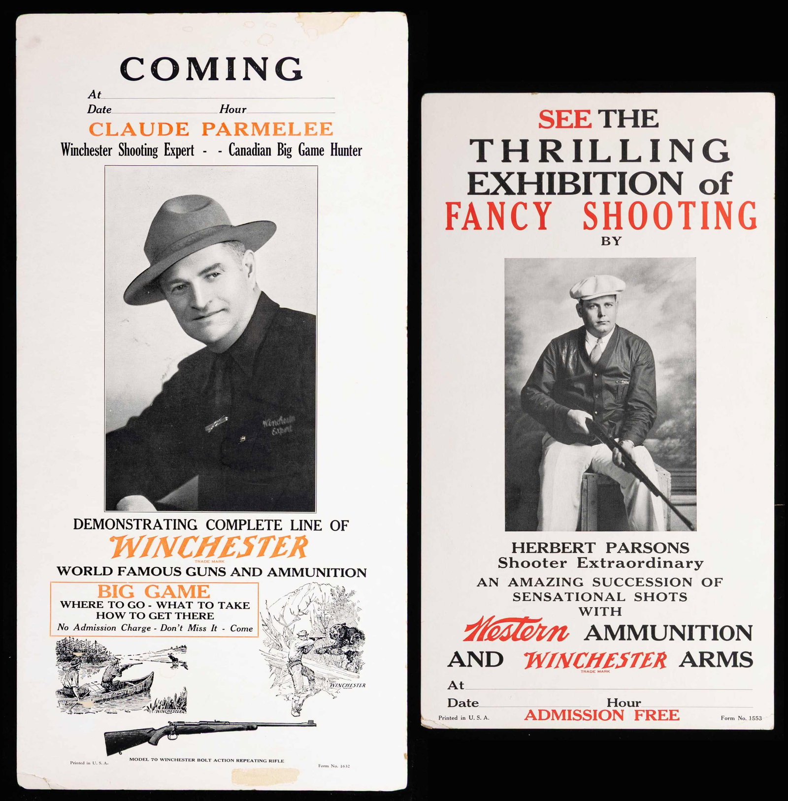 LOT OF 2 WINCHESTER CLAUDE PARMELEE & HERBERT: PARSONS ADVERTISING POSTERS. 1) Winchester Claude Parmelee (1891-1952) cardboard advertising poster. Poster is marked "COMING/ At (BLANK)/ Date (BLANK) Hour (BLANK)/ CLAUDE PARMELEE/ Winchester Shooti