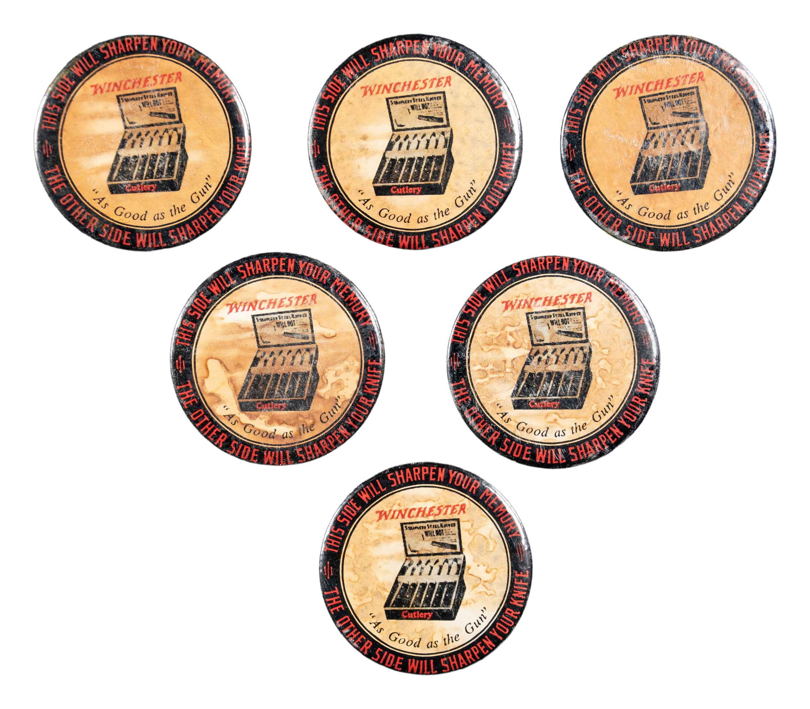 SIX VINTAGE WINCHESTER KNIFE SHARPENERS.: Each in protective draw string cotton bag, 2.25" diameter celluloid face with Winchester advertising "AS GOOD AS YOUR GUN", back side has sharpening stone. CONDITION: good overall, age toning. PROVENA