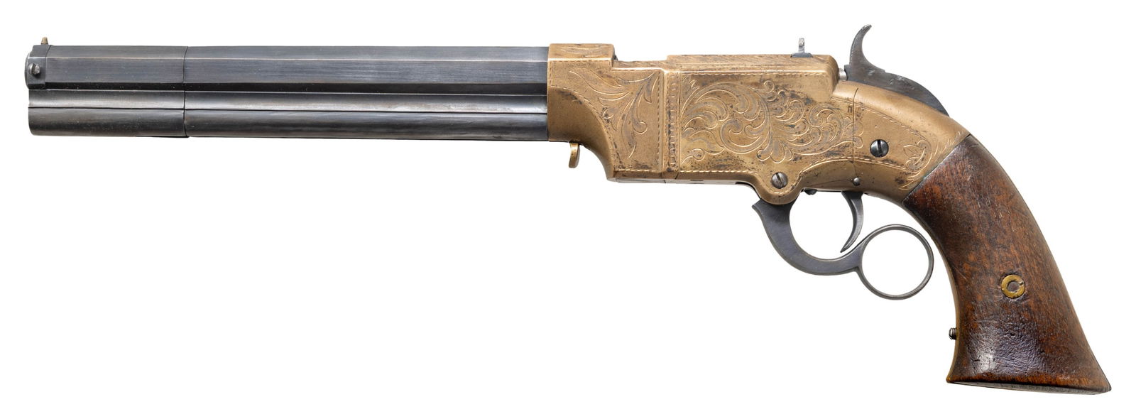 CUSTOM ENGRAVED LARGE FRAME NO. 2 VOLCANIC ARMS: LEVER ACTION PISTOL. Cal. 41. S# 1523. Pistol is in standard configuration with blued 8" octagonal barrel, integral spring loaded magazine, fixed notch rear sight, pinched post front sight, engraved