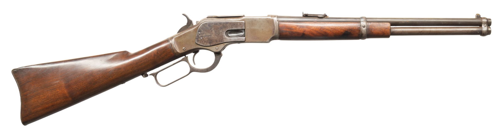 WINCHESTER MODEL 1873 LEVER ACTION SADDLE RING: CARBINE IN "TRAPPER" CONFIGURATION. Cal. 44 WCF. S# 293389B. Bbl. 16 3/16". Model 1873 lever action rifle mfg. by Winchester in 1889. Top of the rnd. bbl. is marked with a (apparent) later added