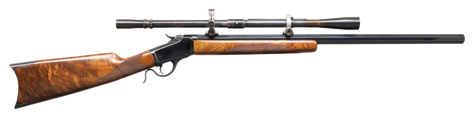 CUSTOM WINCHESTER MODEL 1885 LOW WALL FALLING: BLOCK RIFLE. Cal. 256 Win. Mag. S# 3593. Bbl. 26" by McGowen measuring .95" full length except for flare at receiver. Mfg. 1886 with flat mainspring action; matching assembly numbers on tangs. Highly