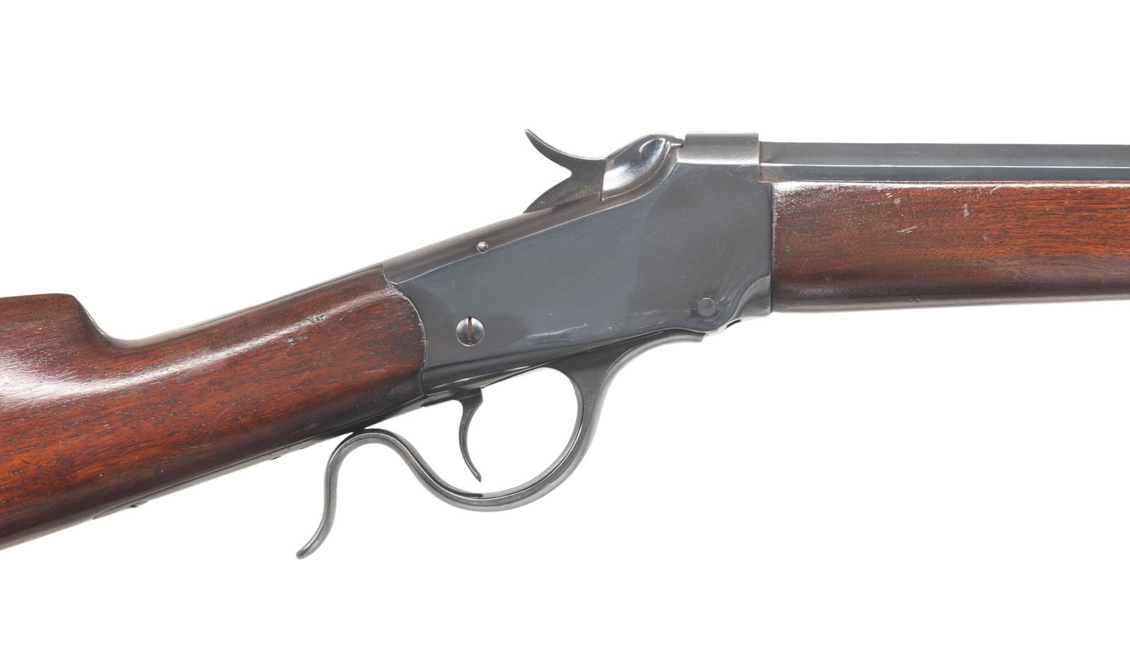 WINCHESTER MODEL 1885 LOW WALL .410 GA CONVERSION: BREECHLOADING SHOTGUN. Cal. 410. S# 47722. Bbl. 25 3/8". Originally mfg. as a Model 1885 Low Wall single shot rifle chambered in .25 R.F., this example was later converted to fire .410 GA ammunition.