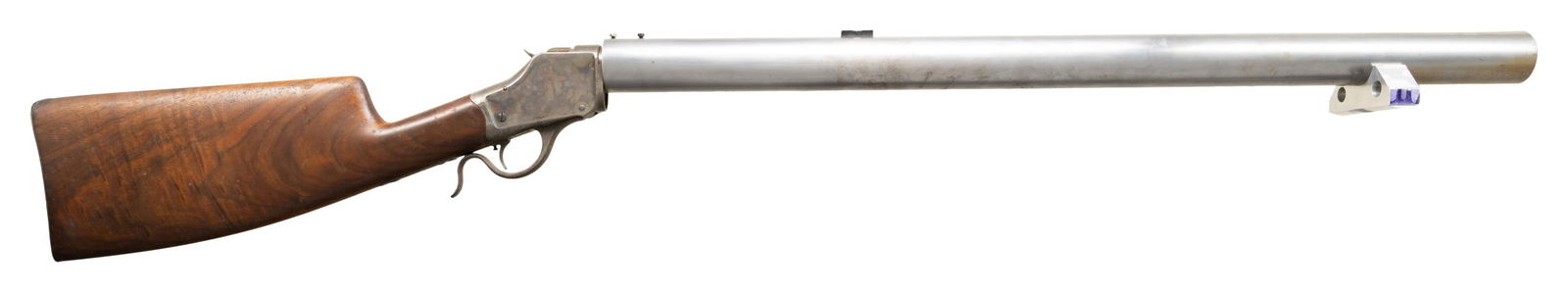 B. W. DARR CUSTOM 32-40 BENCH REST RIFLE MADE FROM: ANTIQUE WINCHESTER 1885 HIGH WALL ACTION.Cal. 32-40. S# 55284. Antique Winchester receiver mfg. approx. 1892. Custom Bull 30" bbl. measuring 1 1/8" across face. Top for barrel has 1 scope block w/