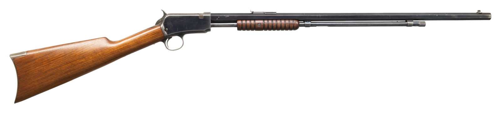 WINCHESTER THIRD MODEL 1890 SLIDE ACTION RIFLE.: Cal. 22 Short. S# 421557A. Mfg. approx. 1910. Replacement oct. 24" bbl. w/ blade front & replacement rear sight. Takedown action. Grooved walnut forearm. Replacement walnut stock w/ original crescent