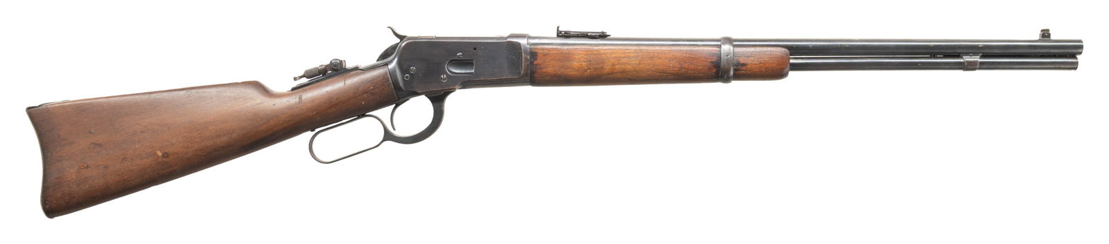 WINCHESTER MODEL 92 LEVER ACTION SRC.: Cal. 32 WCF (32-20). S# 958154. Mfg. approx. 1926. Bbl. 20" w/ carbine sights. Receiver has saddle ring & stud on left side along with top tang Lyman peep sight sight. Tubular mag. Gumwood stock set