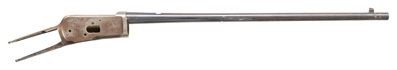 WINCESTER 1892 SRC BARRELED ACTION.: Cal. 38 WCF (38-40). S# 818793 (1916). Bbl. 20" w/ blade front sight. Action has saddle ring & stud. CONDITION: barrel has good blue with finish loss & peppery oxidation. Receiver has gray patina