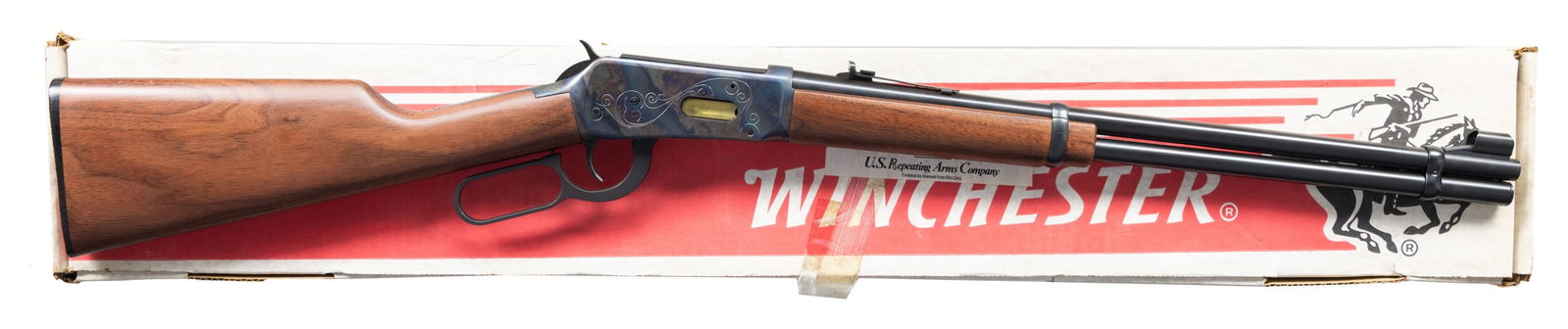 WINCHESTER 94 ANTIQUE LEVER ACTION CARBINE.: Cal. 30-30. S# 4995177. Bbl. 20". Hooded bead front sight. Adjustable sporting rear sight. Post-1964 made "Antique" 94 Winchester carbine with engraved case hardened receiver. Gold loading gate &