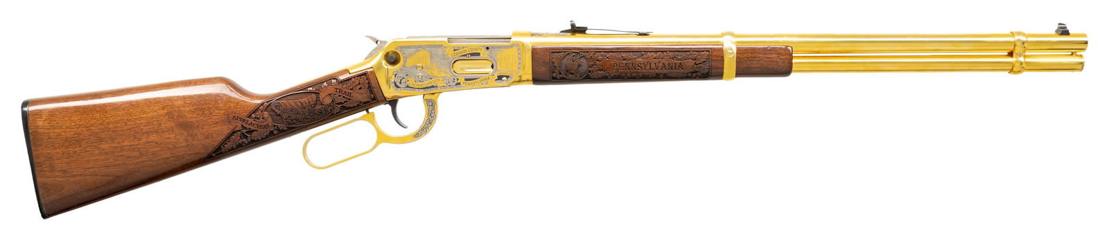 1 OF 10, GOLD PLATED & ENGRAVED, WINCHESTER MODEL: 94AE LEBANON COUNTY, PA LEVER ACTION SADDLE RING CARBINE. Cal. 45 Colt. S# IA01797. Bbl. 20". 1 of only 10 Model 94AE lever action saddle ring carbines mfg. by Winchester commemorating Lebanon