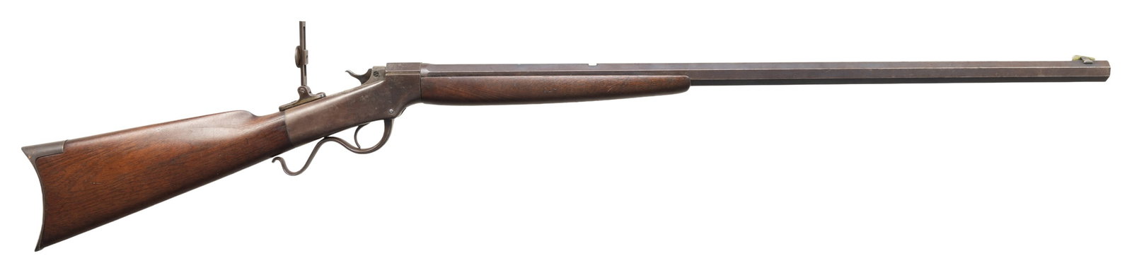 J.M. MARLIN BALLARD'S PATENT NO. 2 SINGLE SHOT: SPORTING RIFLE. Cal. 44 W (44-40). S# 7453. Matching numbered oct. 30" bbl. German silver blade front sight, open rear dovetail & sliding tang sight. Replacement walnut forearm w/ original straight gr