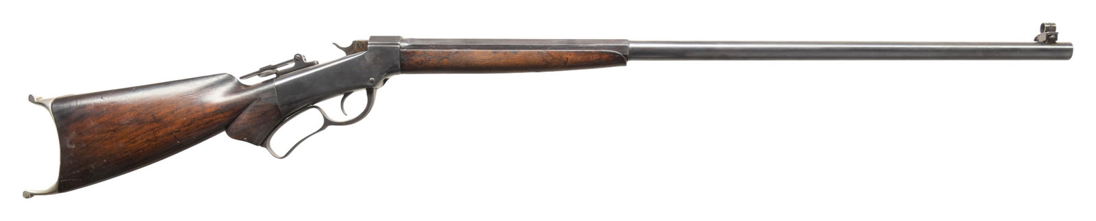 38-55, J.M. MARLIN BALLARD'S PATENT SINGLE SHOT: RIFLE. Cal. 38-55 Ballard. S# 22974. Matching numbered half oct., half rnd. 30" bbl. Globe front & Marlin's Improved Graduated Peep sight. Walnut stock set w/ nickel Scheutzen buttplate; peak proud of