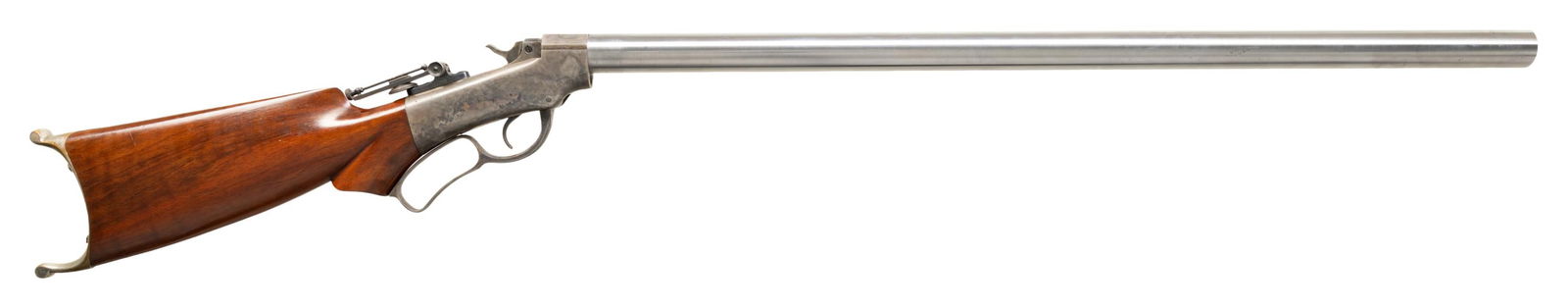CUSTOM SCHEUTZEN SINGLE SHOT RIFLE MADE FROM: MARLIN BALLARD'S PATENT ACTION. Cal. appears to be 38-55. S# 20614. Unmarked 31" bbl. w/ slightly recessed target crown & 2 sets of drilled & tapped holes for target blocks. Marlin Ballard's Patent ac