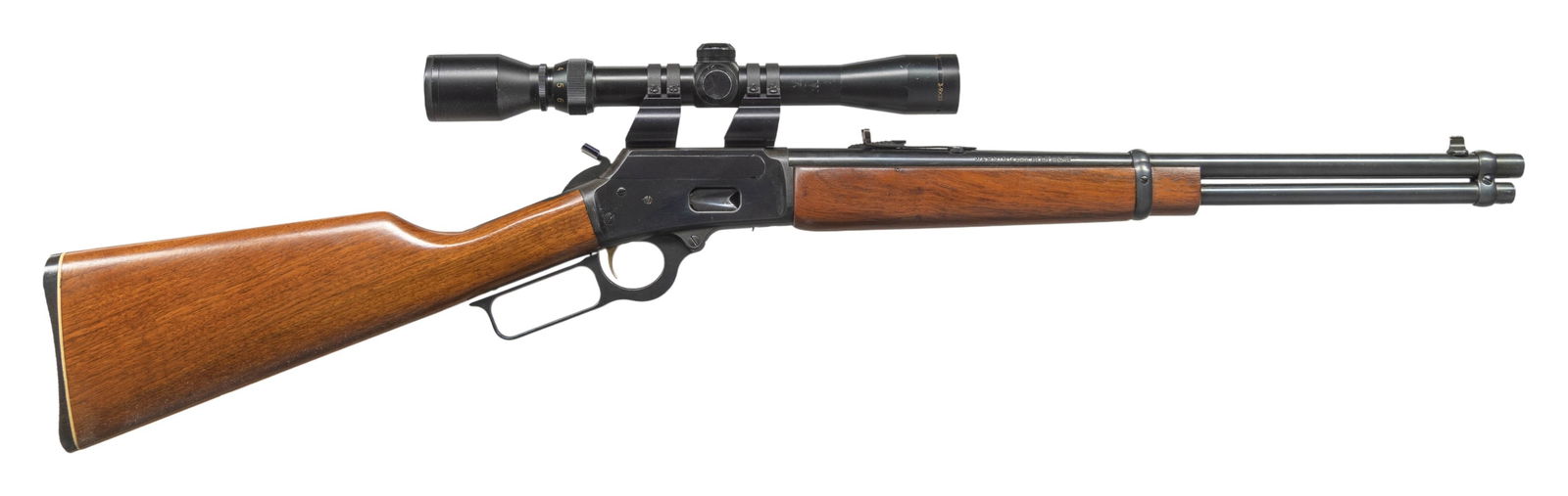 357 MAG. "JM" MARLIN 1894 LEVER ACTION RIFLE.: Cal. 357 Mag. S# 19082187. Mfg. 1981. Bbl. Sporting sights. Simmons Whitetail 3-9x32 duplex scope on see through rings. Tubular mag. Hammer extension. Gold washed trigger. Walnut stock set. CONDITION: