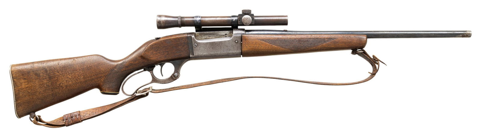 SAVAGE 99 LEVER ACTION RIFLE.: CAL. 300 SAV. S# 504393 (1949). Bbl. cut down to 20" w/ filler in rear dovetail. Action has rotary mag. with brass round indicator, slide safety added to top tang, cocking indicator & added Echo side