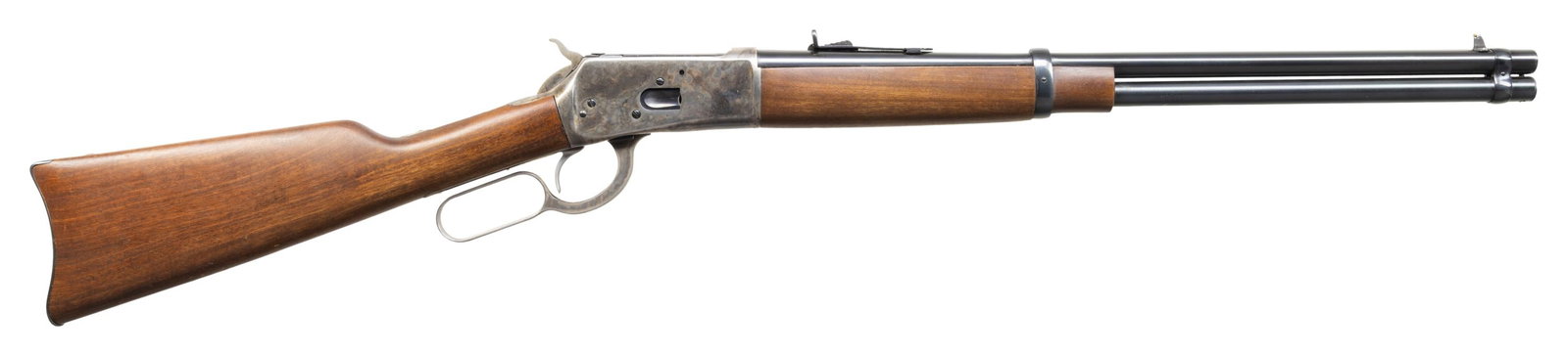 EMF / ROSSI HARTFORD 92 LEVER ACTION SRC.: Cal. 45 Colt. S# AM189865. Mfg. in Brazil by Rossi & imported by EMF. Blued 20" bbl. & 10 rd. mag. tube. Sporting sights. Case colored action. Walnut stock set w/ blued buttplate. CONDITION: very good