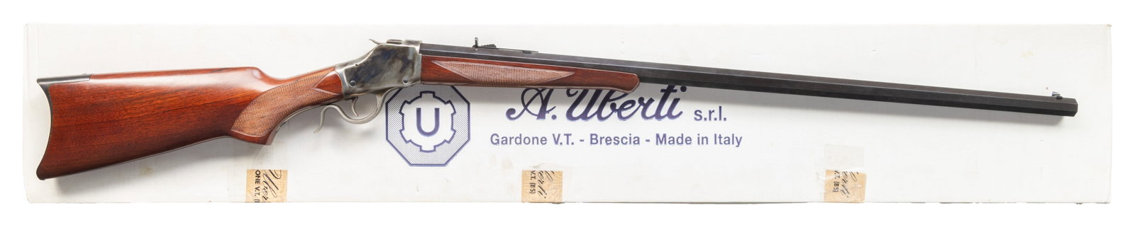 ITALIAN UBERTI MODEL 1885 HIGH WALL SINGLE SHOT: BREECHLOADING RIFLE WITH MATCHING FACTORY BOX & RELOADING ACCESSORIES. Cal. 45-90. S# S00679. Bbl. 31 7/8". 1885 High Wall single shot breechloading rifle mfg. in Italy by Uberti in 2001. Top flat of