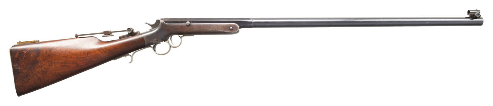 FRANK WESSON TWO TRIGGER SPORTING RIFLE: Cal. 44 CF. S# 88. Half rnd., half oct. 30.25" bbl. w/ combination globe level front sight. Round body iron two trigger action w/ tall vernier tang sight. Straight grip walnut stock w/ replacement