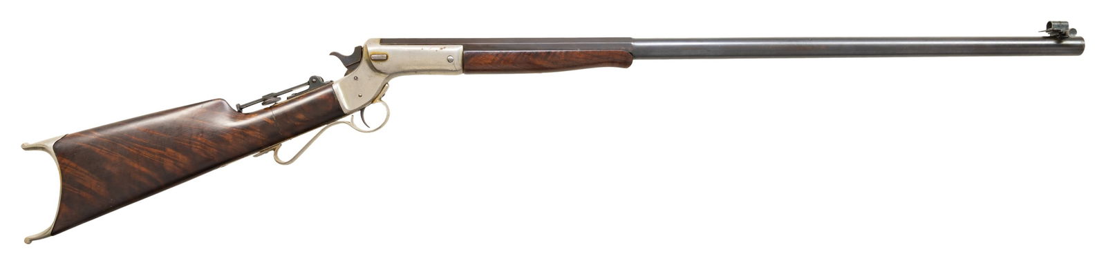 25 RF, STEVENS NO. 14 LADIE'S MODEL TIP UP RIFLE.: Cal. 25 Stevens RF. S# 30641. Half oct., half rnd. matching numbered 30" bbl.; bottom of barrel stamped "14" under forearm. Globe bead front sight & tall vernier tang sight. Nickel finished tip up