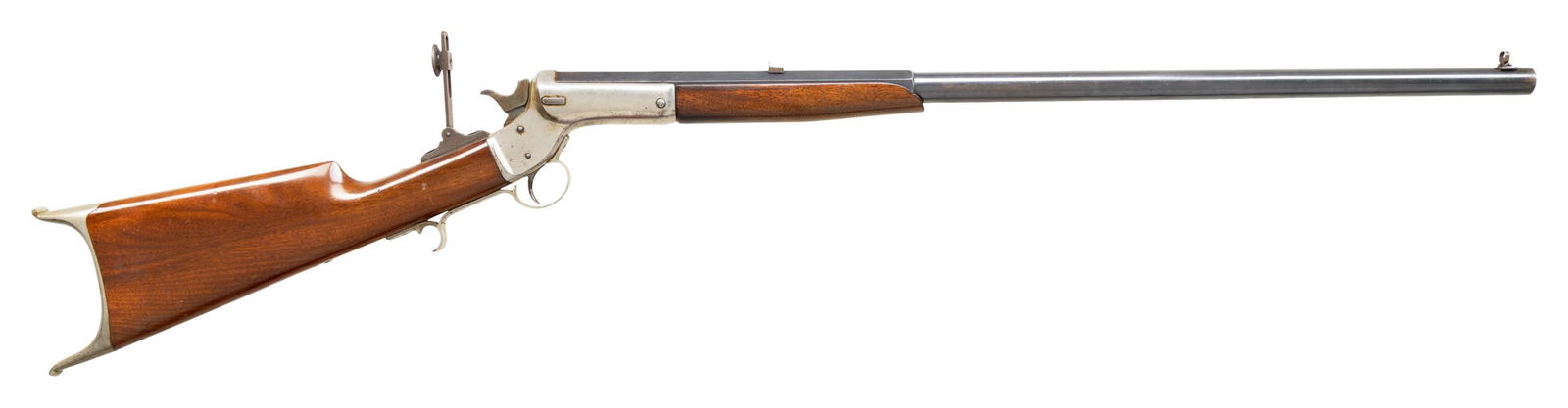32 RF, J. STEVENS PREMIER TIP UP RIFLE.: Cal. 32 RF. S# 15376. Matching numbered 28" bbl. Combination globe blade front sight, notch rear sight & sliding peep sight. Nickel finished tip up action w/ finger curl triggerguard. Walnut forearm