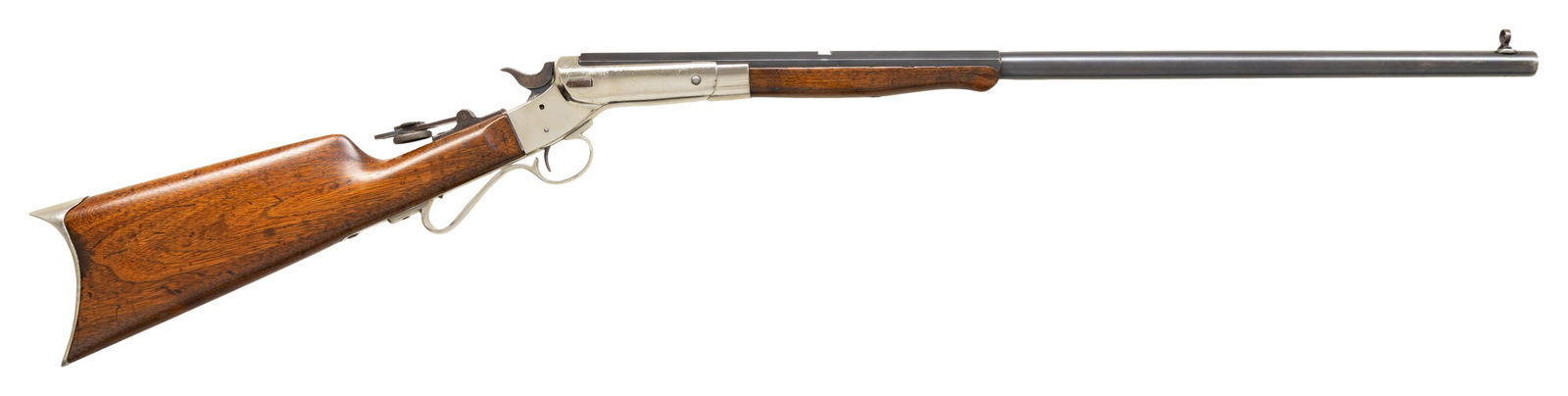 25 RF STEVENS PREMIER TIP UP RIFLE.: Cal. 25 RF (25 Stevens RF). S# 38867. Appears to be No. 7 Premier with matching numbered half. oct., half rnd. 24" bbl. Combination globe blade front sight, open rear dovetail & sliding peep sight.