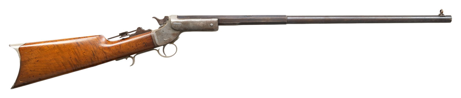 J. STEVENS & CO. TIP UP RIFLE.: Cal. 22 Short. S# 15556. Appears to be a No. 2 style rifle without a forearm. Matching numbered half. oct., half rnd. 24" bbl. Combination globe front sight, filler in rear dovetail & vernier tang