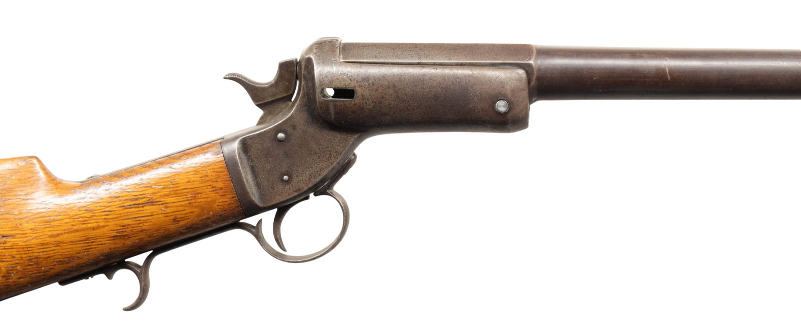 J. STEVENS TIP UP SHOTGUN WITH EXTRA BARREL.: Cal. 12 Ga. S# 6805. Bbl. 30 1/4" w/ steel bead & Full choke. Tip up action w/ finger rest triggerguard; missing opening button, crossbolt, extractor & link. Replacement hardwood buttstock w/ curved