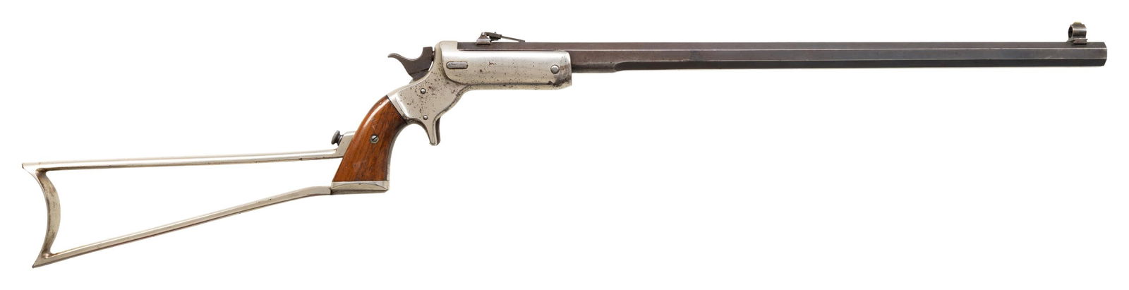 J STEVENS HUNTER'S PET POCKET RIFLE WITH MATCHING: SHOULDER STOCK. Cal. 32 (32 S&W). S# 2428. Matching numbered oct. 20" bbl. Combination globe & blade front sight and ladder rear sight. Nickel finished iron frame w/ spur trigger, firing pin bushing