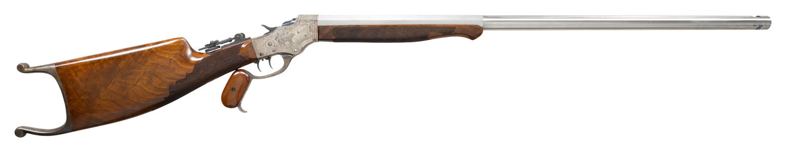 J. STEVENS MODEL 54 SCHUETZEN SINGLE SHOT RIFLE.: Cal.33-47 CF., using a .333 diameter bullet. S#. 2680. Bbl. 30 7/16" octagon round unmarked replacement style. Open dovetail for the front sight with a Stevens Wind Gauge Vernier tang sight having a N