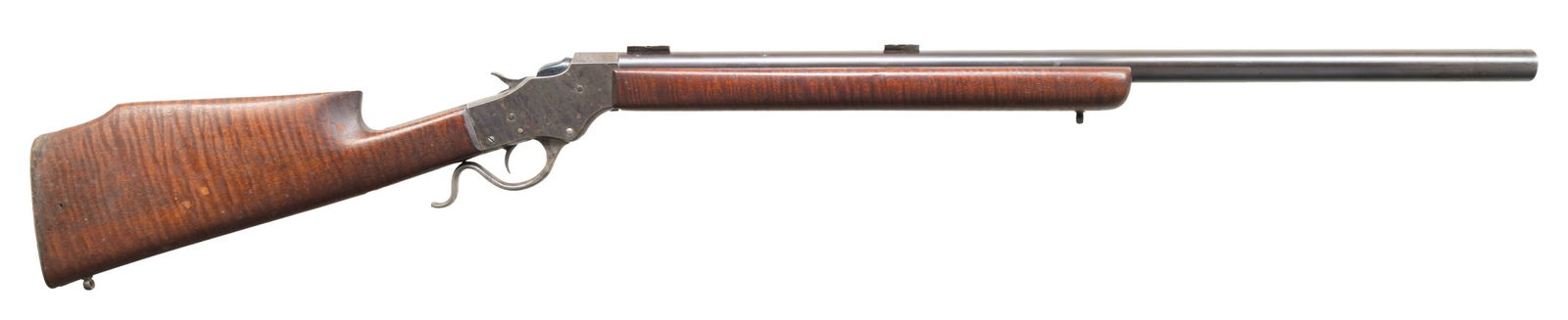 22 K-HORNET, CUSTOM STEVENS NO. 44 1/2 RIFLE.: Cal. appears to be 22 K-Hornet. S# 3344. Unmarked 27.5" bbl. has 2 Palma style scope blocks with addition D&T plugs. Falling block action. Custom walnut stock set w/ beavertail forearm & buttstock hav