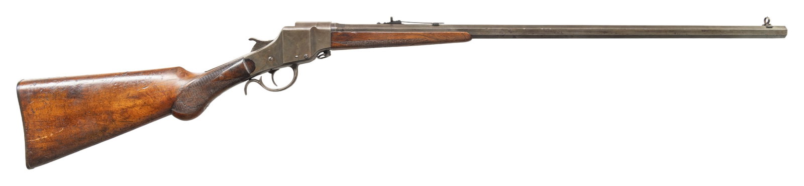 HOPKINS & ALLEN LEVER ACTION FALLING BLOCK TAKE-: DOWN RIFLE. Cal. 32-20. S# 164. Single shot falling block with rebounding hammer, 26" octagonal barrel marked "MADE BY THE HOPKINS & ALLEN ARMS CO. NORWICH, CONN. U.S.A.". Marbles adjustable sights, c