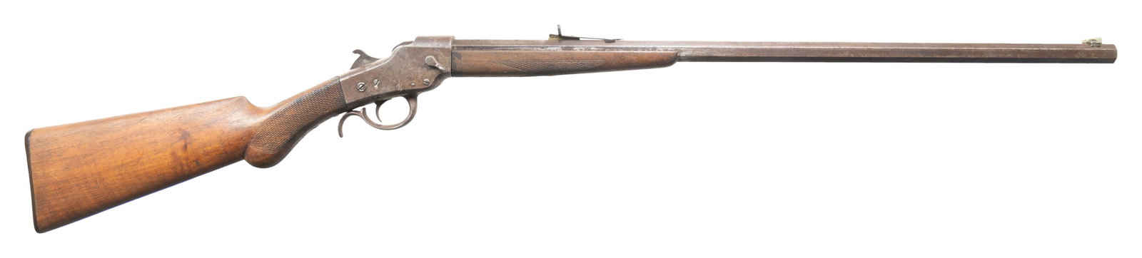 32-20 WCF HOPKINS & ALLEN FALLING BLOCK RIFLE.: Cal. 32 WCF (32-20 WCF). S# 9849 (on action face under forearm). Oct. 26" bbl. German silver blade front sight & elevator rear sight. Falling block action. Checkered walnut stock set w/ hard rubber bu