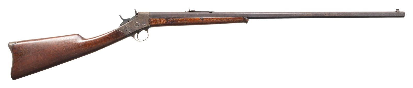 25-20, REMINGTON ARMS CO. NO. 2 SPORTING ROLLING: BLOCK RIFLE. CAL. 25-20. S# H44006. Oct. 28" bbl. w/ sporting sights. Rolling block action w/ patent dates on left side. Walnut stock set w/ black painted forearm tip & curved buttplate. CONDITION: ba