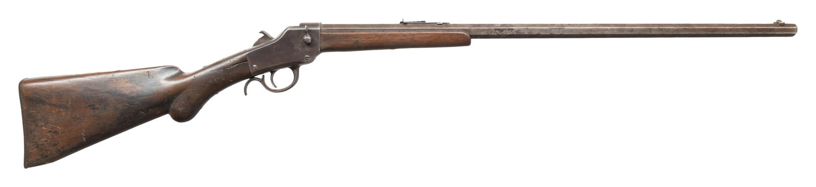 DAVENPORT'S BAY STATE ARMS CO. OF UXBRIDGE, MASS.: SINGLE SHOT FALLING BLOCK RIFLE. Cal. appears to be 32 RF. S# 406 (on face under forearm). Mfg. 1886 before the company moved to Norwich, CT. Oct. 26.25" bbl. Blade front sight & replacement elevator