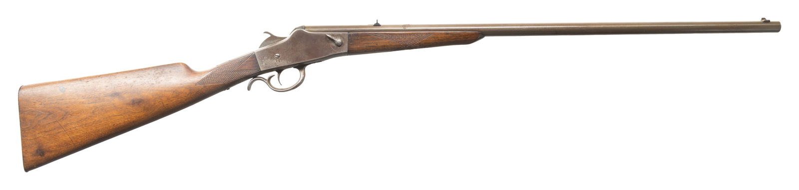 W. H. DAVENPORT OF NORWICH, CT YOUTH SINGLE SHOT: RIFLE. Cal. 32 RF. S# 6469 (on face of frame under forearm). Mfg. 1890-1896. Rnd. 24.25" w/ sporting sights. Takedown falling block action. Walnut stock set w/ sheet metal buttplate. CONDITION: metal