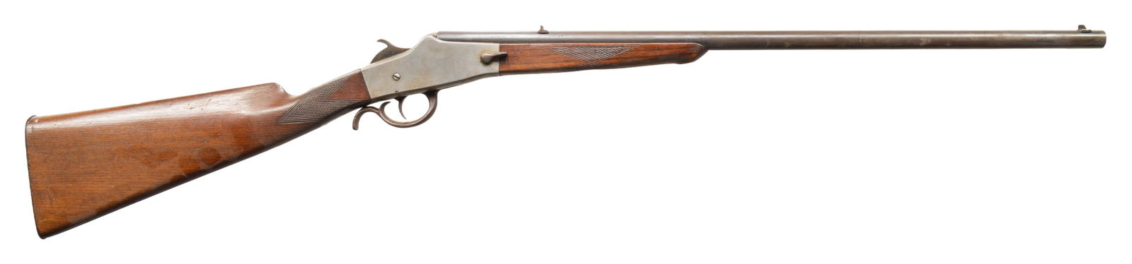 THE W.H. DAVENPORT FIRE ARMS 1891 "HOOK LEVER": RIMFIRE RIFLE. Cal. 22 RF (22 Short). S# 2726 (on face of action under forearm). Mfg. 1890-1896. Matching numbered lever & 22.25" bbl. Falling block takedown action w/ external hammer. Checkered