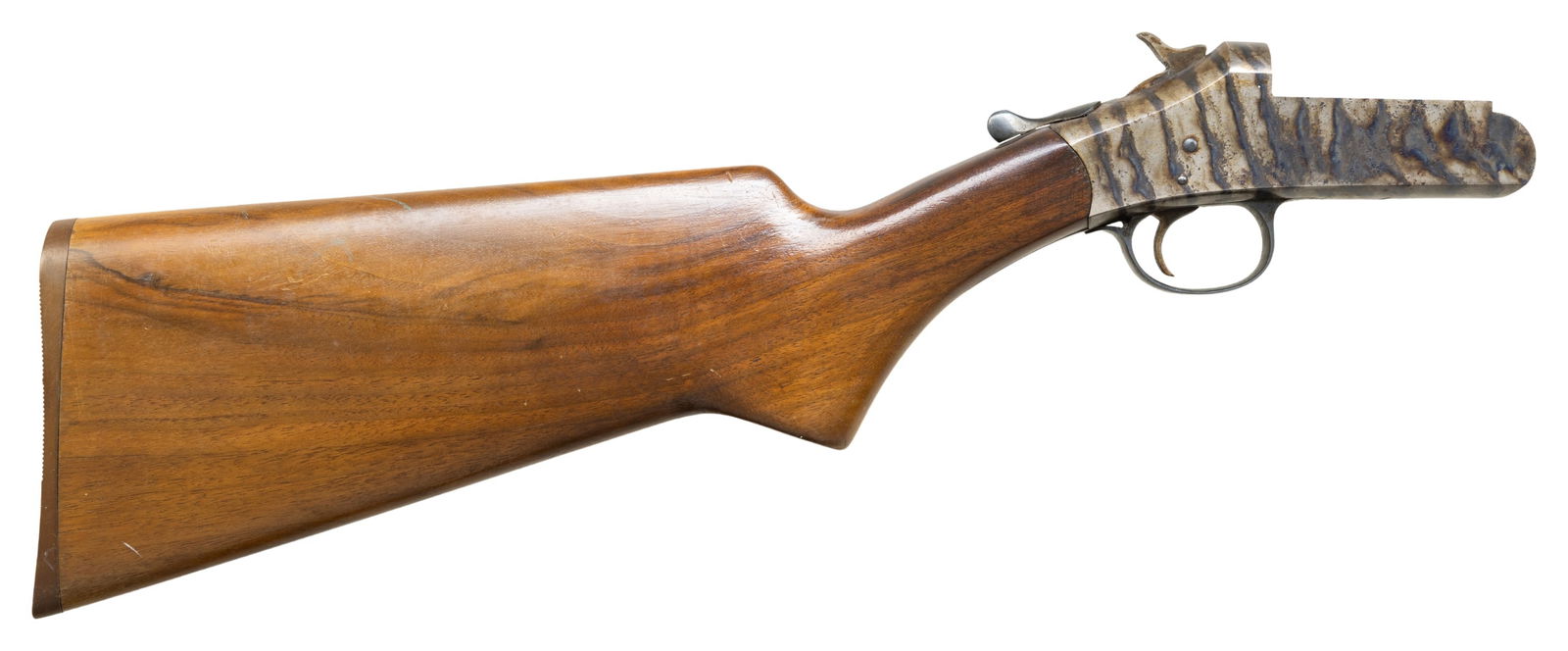 HARRINGTON & RICHARDSON MODEL 1908 STOCKED: ACTION. S# 232175. Single barrel case colored action w/ top lever & external hammer. Walnut stock. CONDITION: good case colors with oxidation. Good wood finish with white paint. PROVENANCE: Estate of